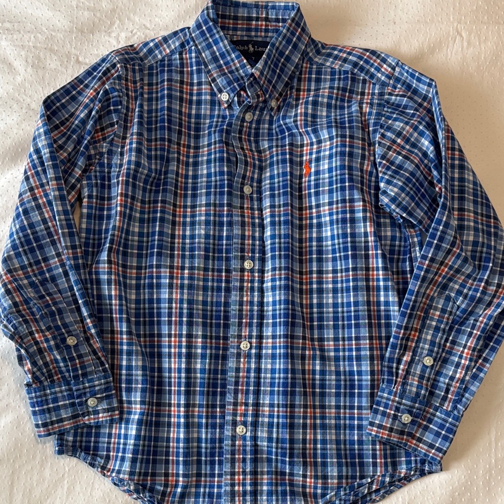 Ralph Lauren Blue, Orange and white Plaid Button Down Shirt Size 7 Cotton